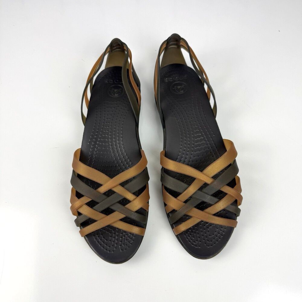 Crocs Isabella Huarache Flat Strappy Jelly Sandals Women Size 9 Gold Brown